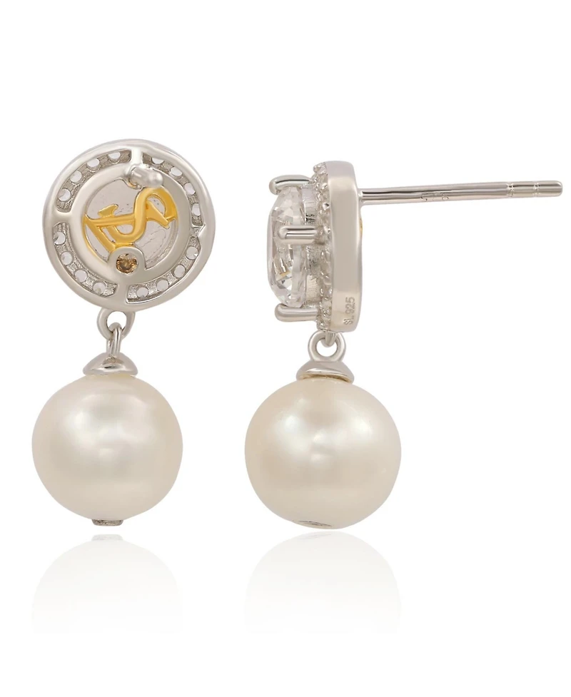 Suzy Levian New York Sterling Silver Freshwater Pearl & White Sapphire Halo Earrings.