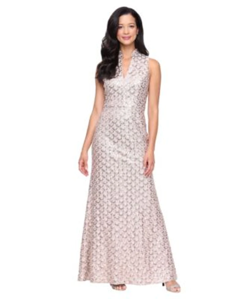 Alex Evenings Womens Stand Collar Embroidered Sequin Dress