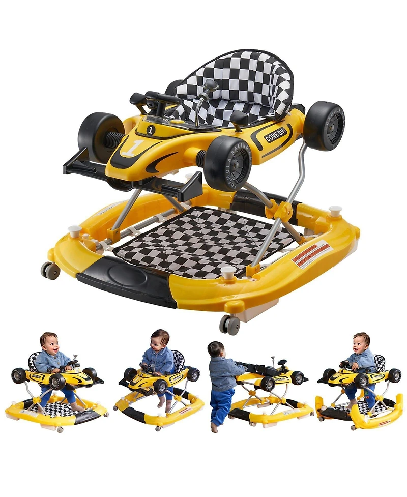 Slickblue Kids 4-in-1 Foldable Walker Activity Center with Wheels Adjustable Height Light Toy Car