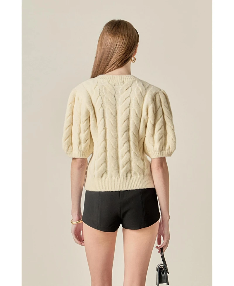English Factory Women's Cable Puff Sleeve Knit With Pearl Bow