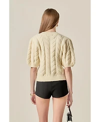 English Factory Women's Cable Puff Sleeve Knit With Pearl Bow