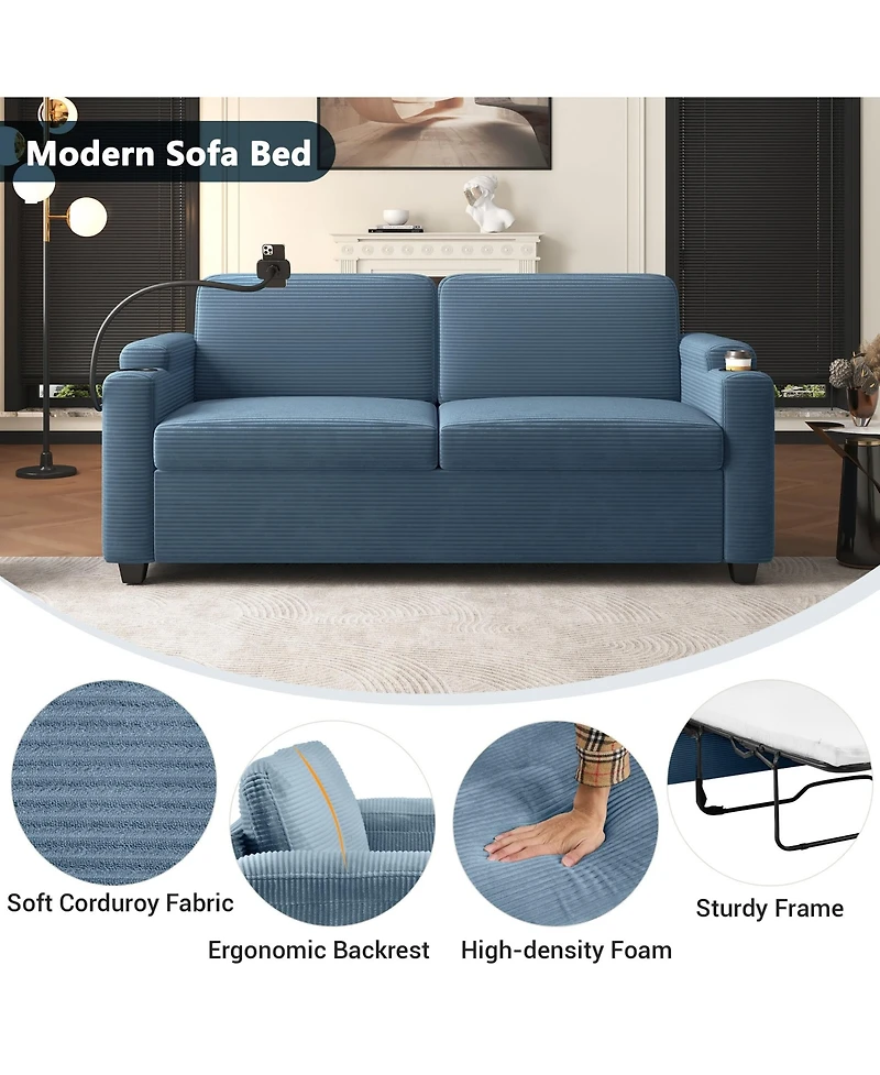 Boyel Living 72.8" Corduroy Sleeper Sofa Loveseat with Full Mattress, Two Usb Ports, Cup Holders, Side Pockets and a Phone Holder