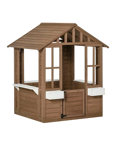 Flynama Outsunny wooden playhouse with door & windows, flowerpot holders, 46"x38", outdoor cottage for kids ages 3–8.