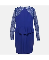 Pre-Owned Emilio Pucci Women's Blue Lace-Trim Stretch Crepe Peplum Pencil Dress