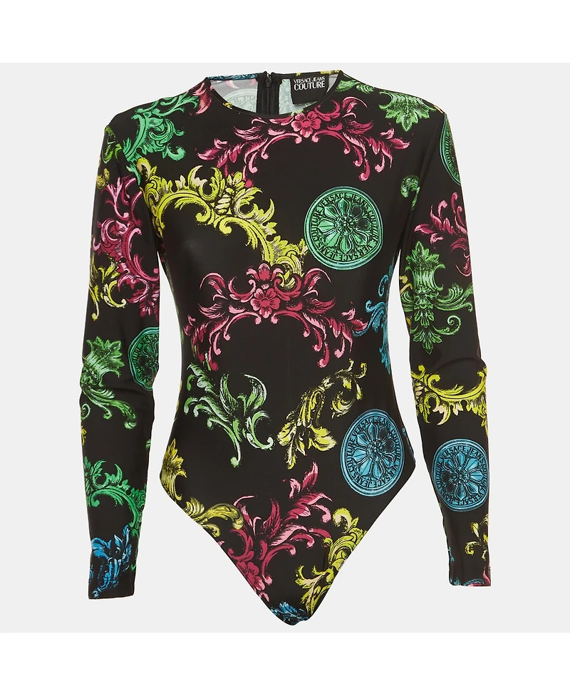 Pre-Owned Versace Women's Jeans Couture Black Baroque Printed Bodysuit