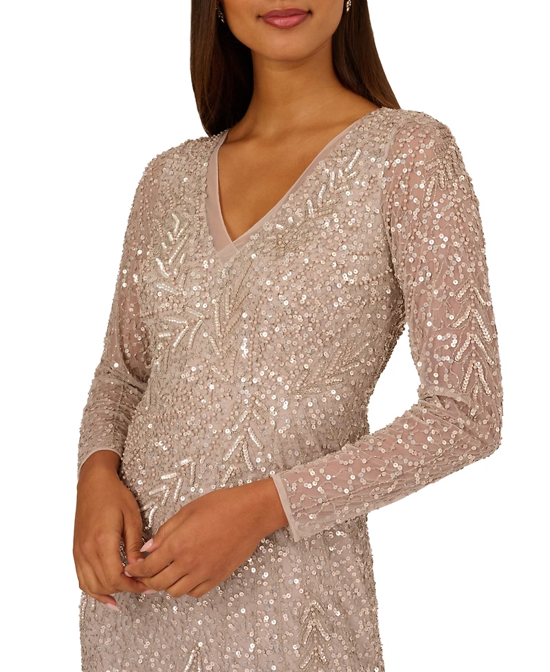 Adrianna Papell Women's Long-Sleeve Beaded Full-Length Gown