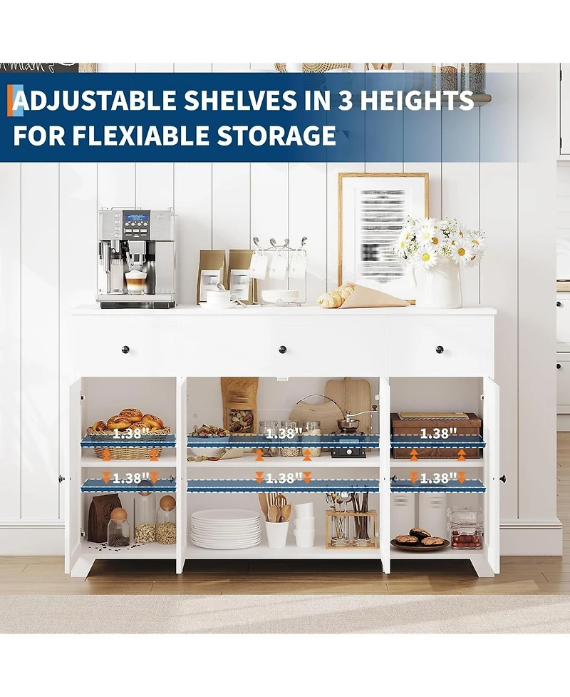 gaomon Sideboard Buffet Cabinet, 55in Large Modern Kitchen Coffee Bar Cupboard Cabinet with 4 Doors 3 Drawers Adjustable Shelves Wood Coffee Bar