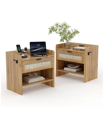gaomon Rattan Nightstand Set of 2, Bedside Table with Type-c Charging Station - 1 Drawer & Open Storage Space, Boho End Side Table.