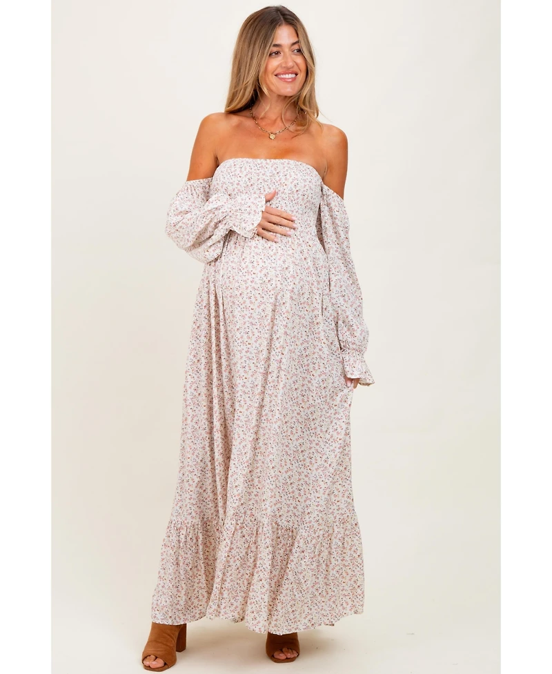 Pinkblush Maternity Cream Floral Smocked Off Shoulder Maxi Dress