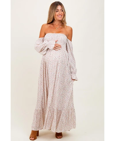 Pinkblush Maternity Cream Floral Smocked Off Shoulder Maxi Dress