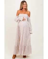 Pinkblush Maternity Cream Floral Smocked Off Shoulder Maxi Dress