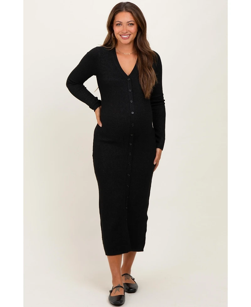 Pinkblush Maternity Black Ribbed Knit Button Down Long Sleeve Midi Dress