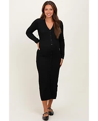 Pinkblush Maternity Black Ribbed Knit Button Down Long Sleeve Midi Dress