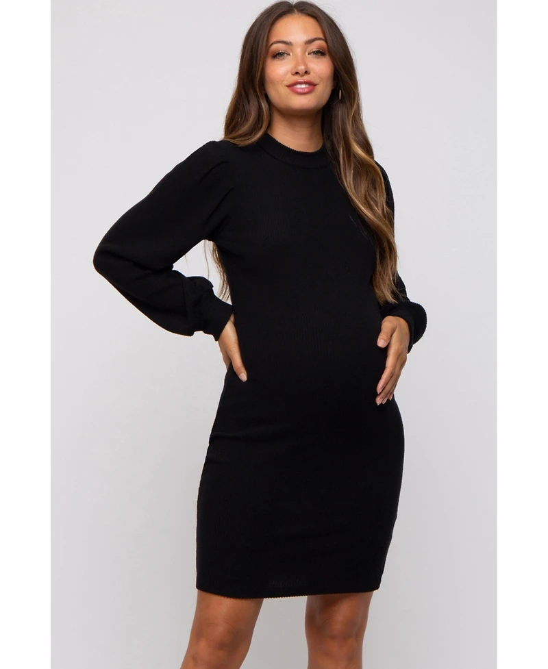 Pinkblush Maternity Black Ribbed Long Sleeve Mock Neck Dress