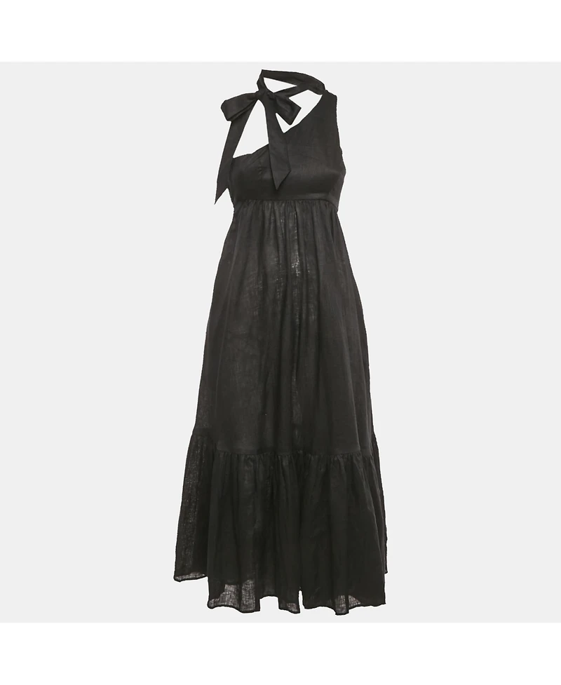 Pre-Owned Zimmermann Women's Black Linen Tie Neck Detail Empire Mid Dress