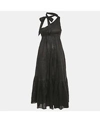 Pre-Owned Zimmermann Women's Black Linen Tie Neck Detail Empire Mid Dress
