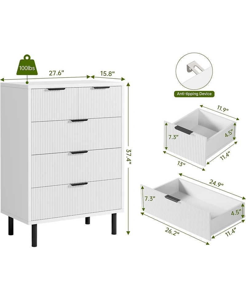 Gaomon | Tall 5-Drawer Oak Wood Wave-Fluted Design, Metal Legs, Anti-Tip Device Modern Storage Chest/Dresser