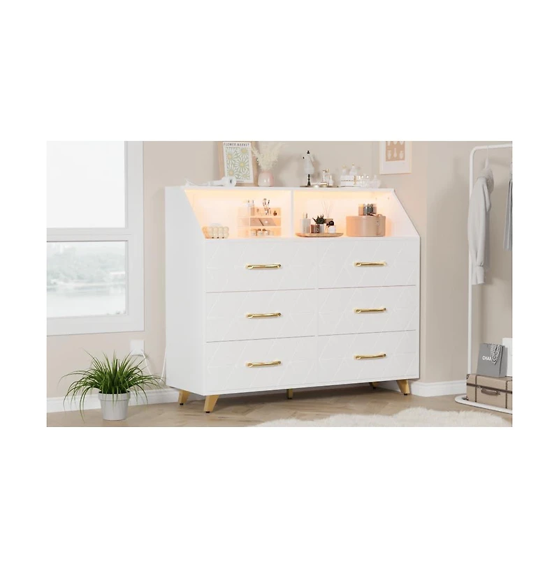 Gaomon 6-Drawer Wood Dresser with Led Lighting and Charging Ports