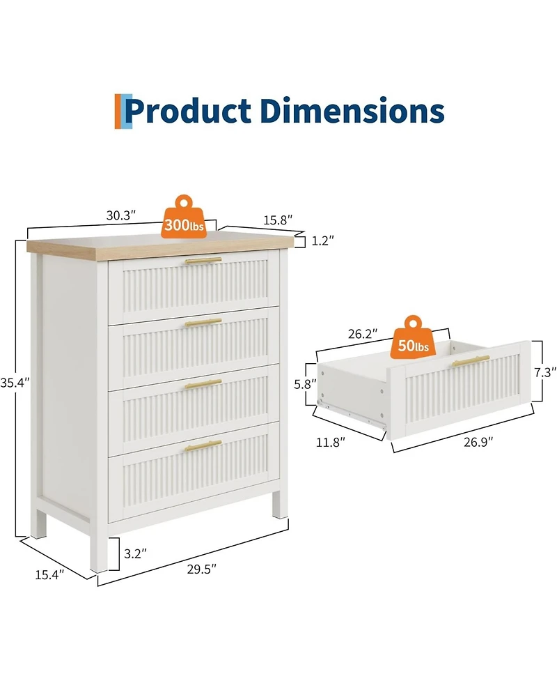 Fluted Oak Bedroom Dresser, 35.4" Tall Chest with 4 Drawers, Closet Storage Cabinet & Clothes Organizer for and Living Room
