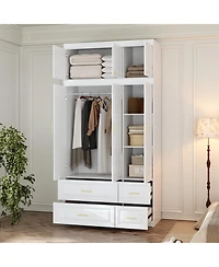 Homsee 6-Door Big Wardrobe Armoires with Hanging Rod, 4-Drawers, Storage Shelves