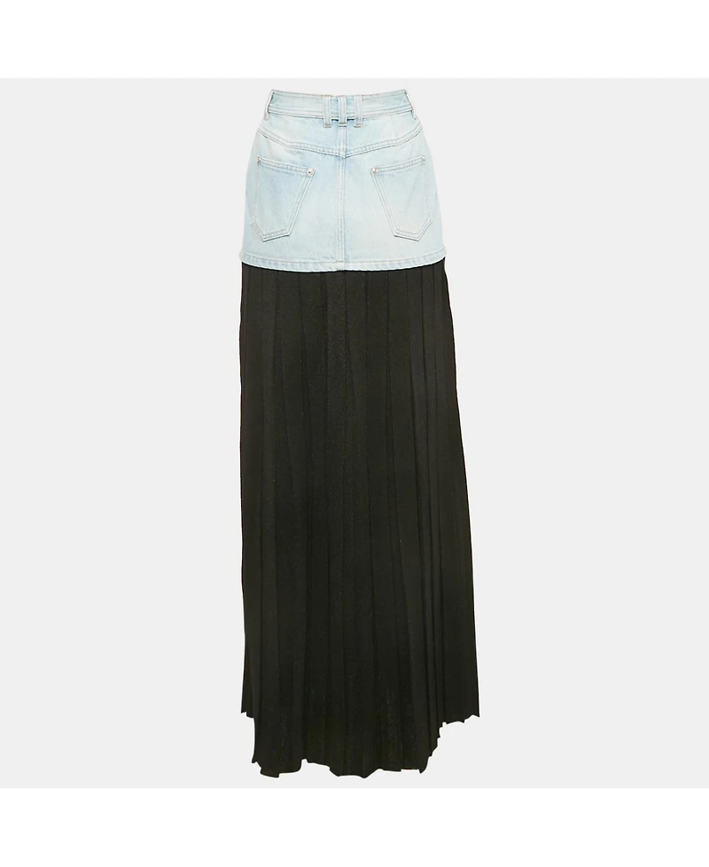 Pre-Owned Balmain Women's Blue/black Denim And Lurex Knit Pleated Maxi Skirt