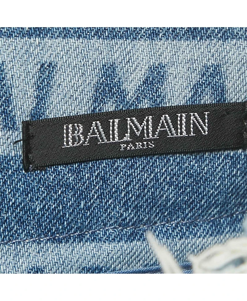Pre-Owned Balmain Women's Blue Striped Logo Raw Edge Denim Skirt