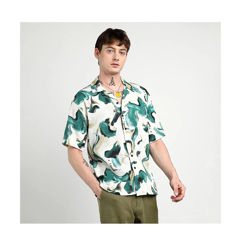 Campus Sutra Men's Emerald Green Oversized Swirl Strokes Shirt