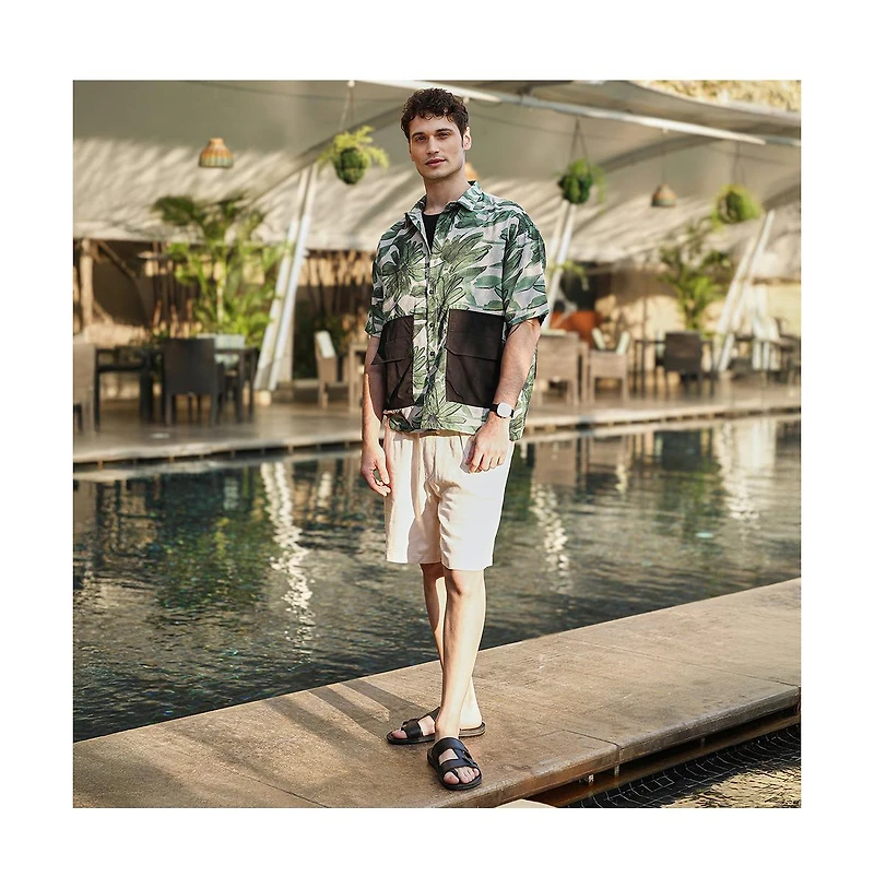 Campus Sutra Men's Jungle Green & Ivory White Flora-Stroke Oversized Shirt