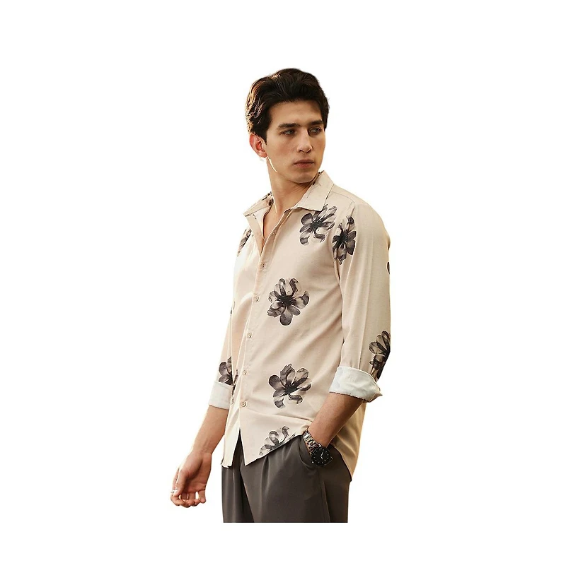 Campus Sutra Men's Ecru Beige & Midnight Black Withering Flora Imprint Shirt