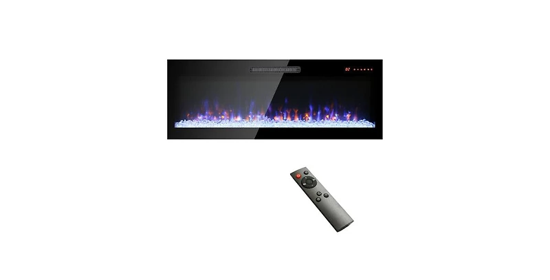 Flynama 60" Recessed Ultra-Thin Electric Fireplace with Tempered Glass, Remote, Multicolor Flame, Emberbed & Led Heater