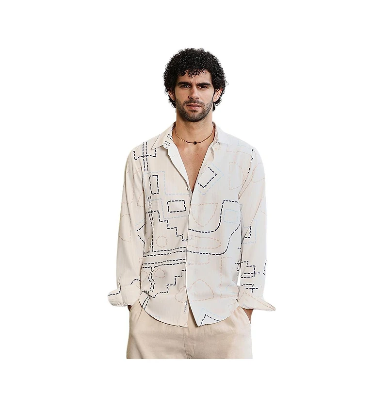 Campus Sutra Men's Off-White & Navy Blue Thread-Lines Shirt