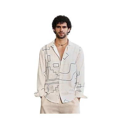 Campus Sutra Men's Off-White & Navy Blue Thread-Lines Shirt