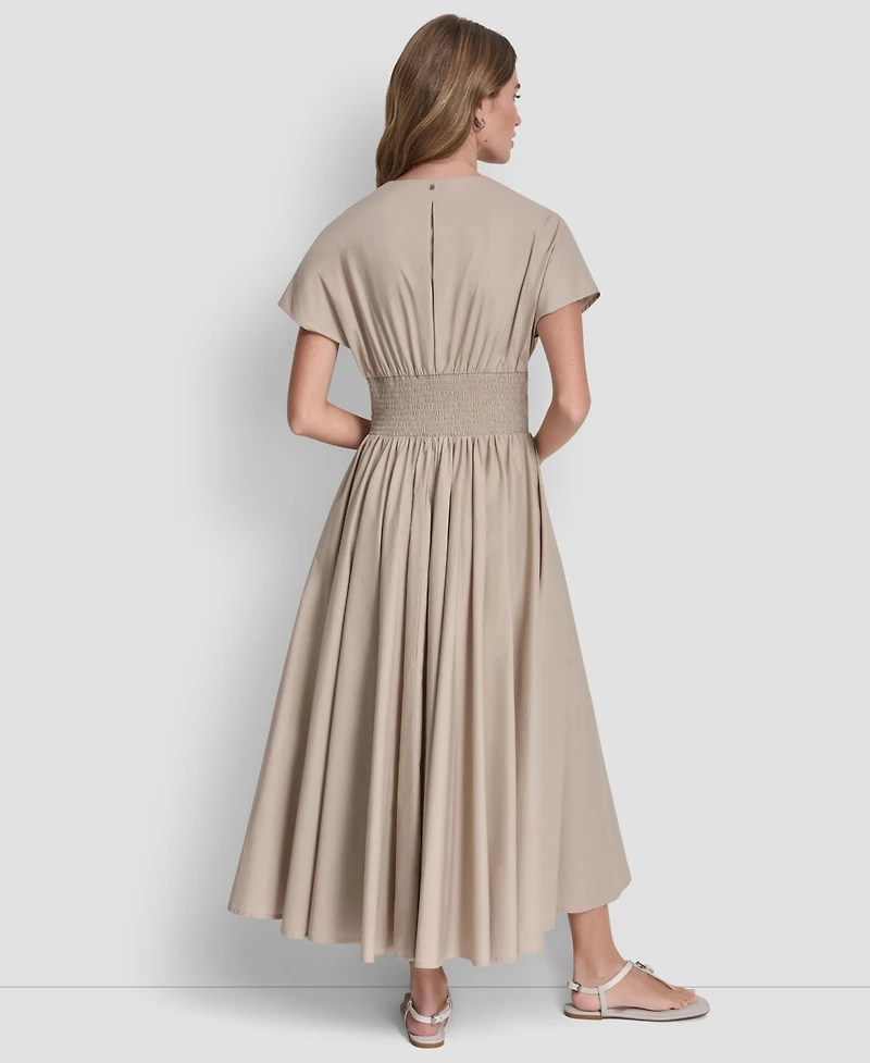 Dkny Jeans Women's Poplin Smocked-Waist V-Neck Midi Dress