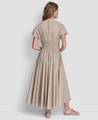 Dkny Jeans Women's Poplin Smocked-Waist V-Neck Midi Dress