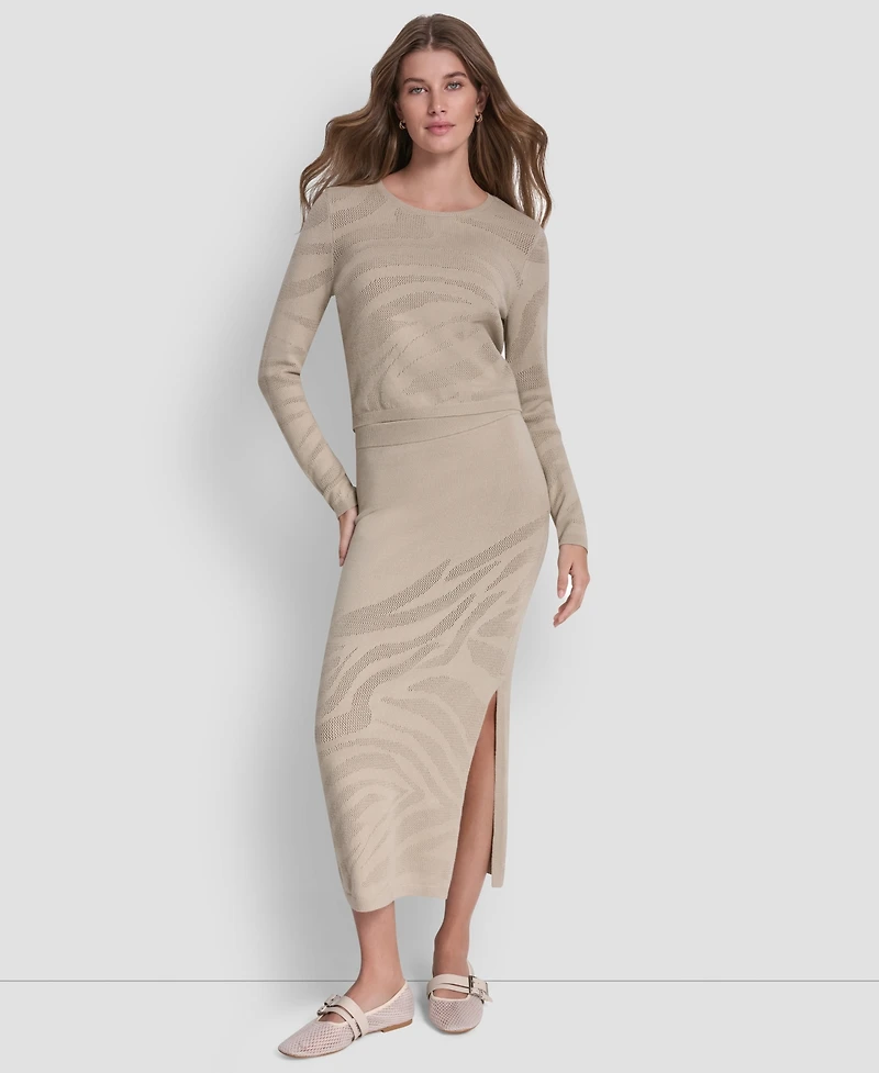 Dkny Jeans Women's Crewneck Zebra Pointelle Cropped Sweater