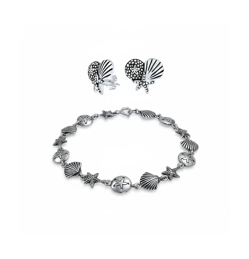 Sterling Silver Tropical Beach Jewelry Set with Sand Dollar, Starfish & Seashell Accents – Bracelet & Stud Earrings