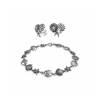 Sterling Silver Tropical Beach Jewelry Set with Sand Dollar, Starfish & Seashell Accents – Bracelet & Stud Earrings