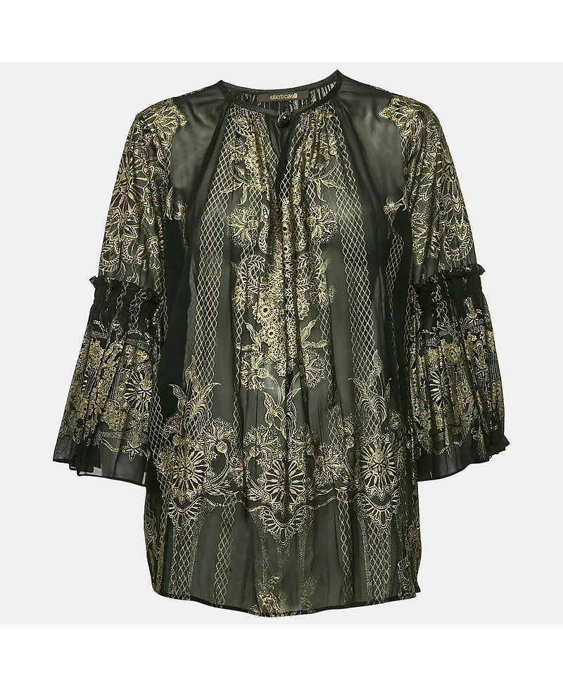 Pre-Owned Roberto Cavalli Women's Black Painted Silk A-Line Blouse