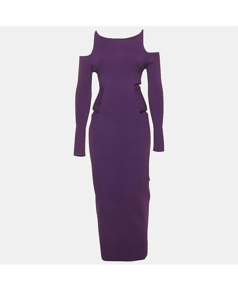 Pre-Owned Roberto Cavalli Women's Purple Knit Cut Shoulder Frayed Detail Bodycon Dress