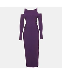 Pre-Owned Roberto Cavalli Women's Purple Knit Cut Shoulder Frayed Detail Bodycon Dress