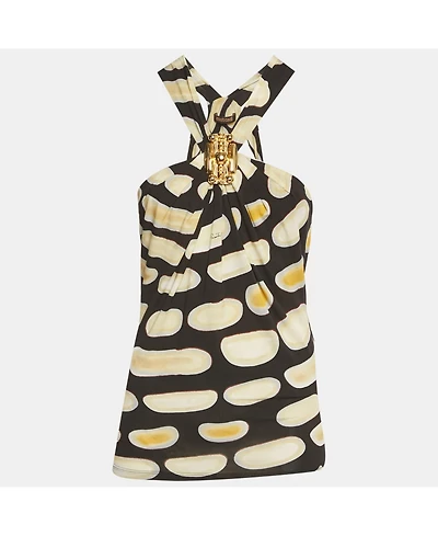 Pre-Owned Roberto Cavalli Women's Printed Jersey Brooch Detail Halter Neck Top