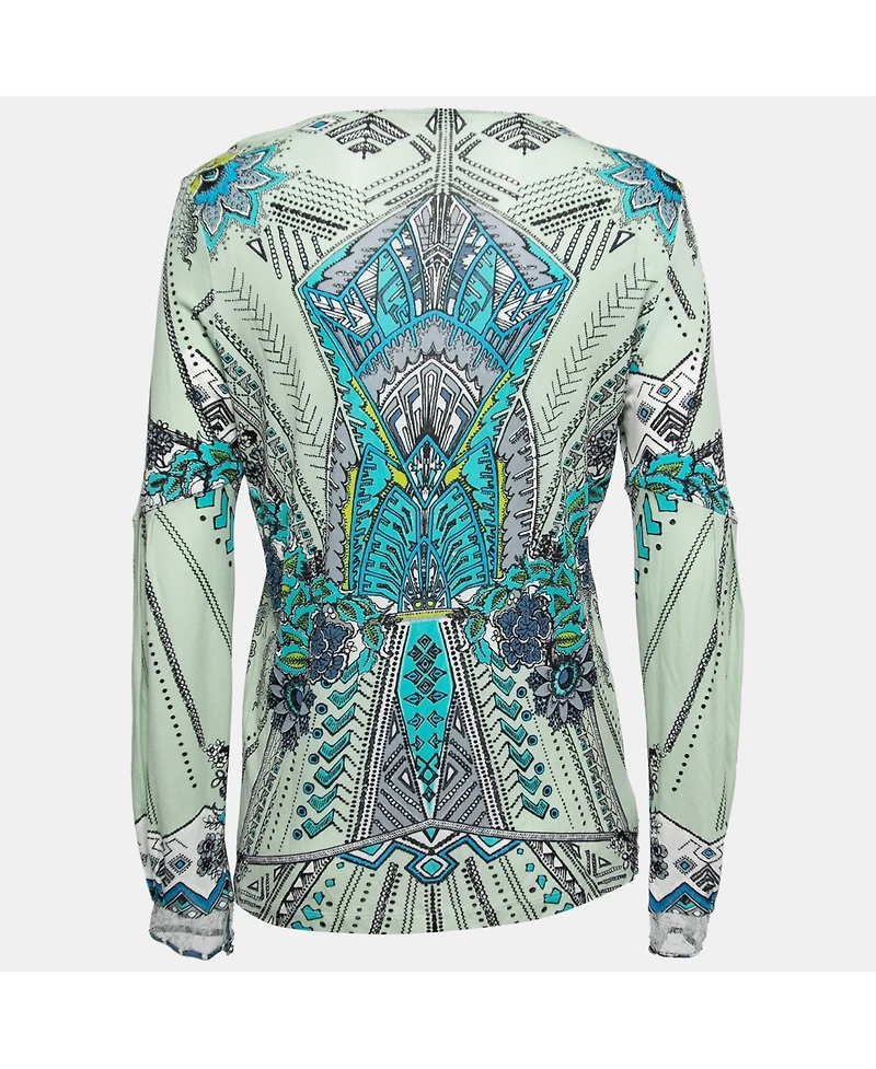 Pre-Owned Roberto Cavalli Women's Multicolor Printed Jersey Lace Trimmed Top