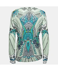 Pre-Owned Roberto Cavalli Women's Multicolor Printed Jersey Lace Trimmed Top