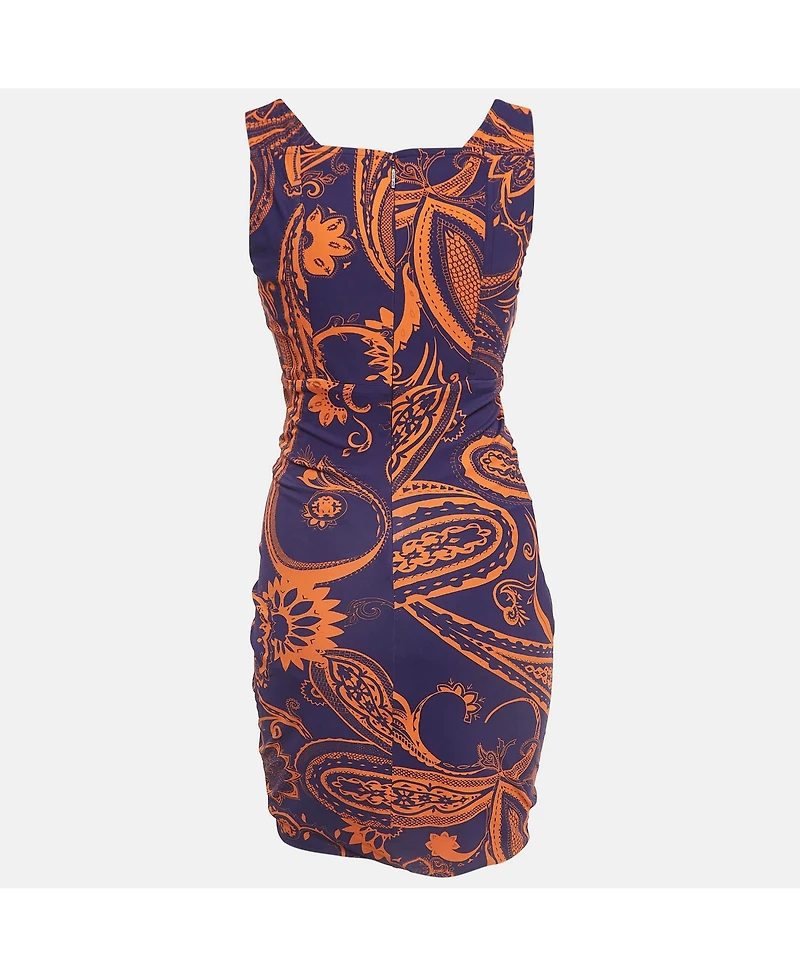 Pre-Owned Roberto Cavalli Women's Purple & Orange Printed Jersey Ruched Mini Dress