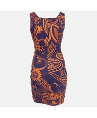 Pre-Owned Roberto Cavalli Women's Purple & Orange Printed Jersey Ruched Mini Dress