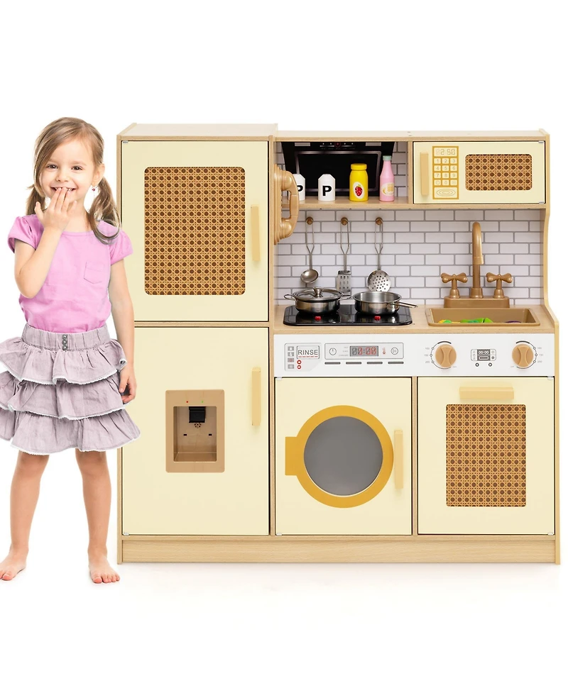 Hongge Kids Wooden Kitchen Playset with Lights, Sounds, and Storage Shelves