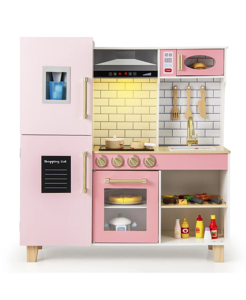 Skonyon Wooden Pretend Play Kitchen With Ice Maker Range Hood And Blackboard.