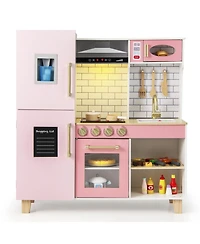 Skonyon Wooden Pretend Play Kitchen With Ice Maker Range Hood And Blackboard.