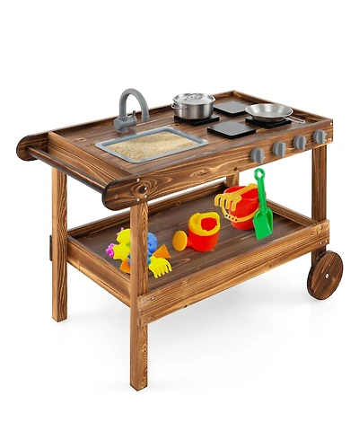 Skonyon Outdoor Movable Mud Kitchen with 2 Rolling Wheels and 1 Push Handle