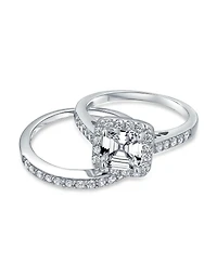 Bling Jewelry Art Deco Style 2CT Asscher Cut Square Cz Cubic Zirconia Halo Promise Ring Set Sterling Silver